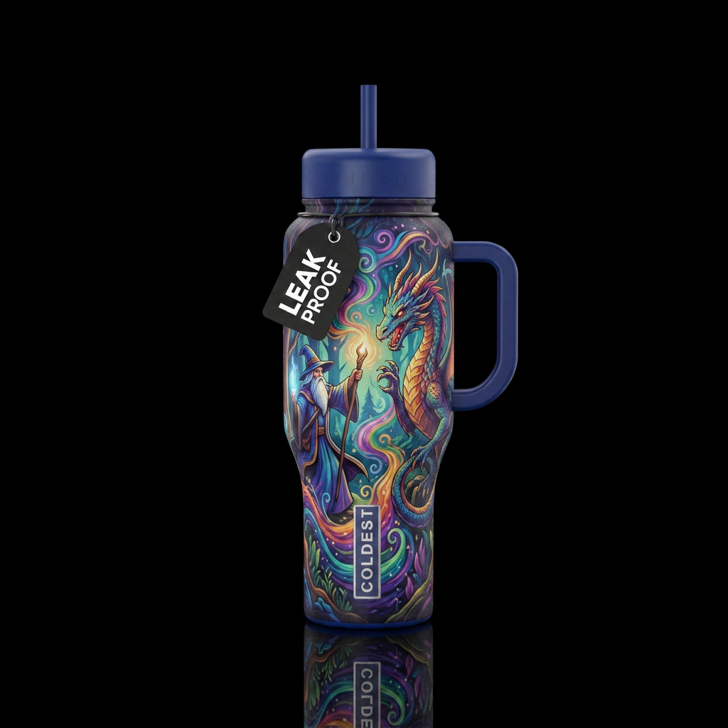 wizard, dragon, whimsical water bottle design