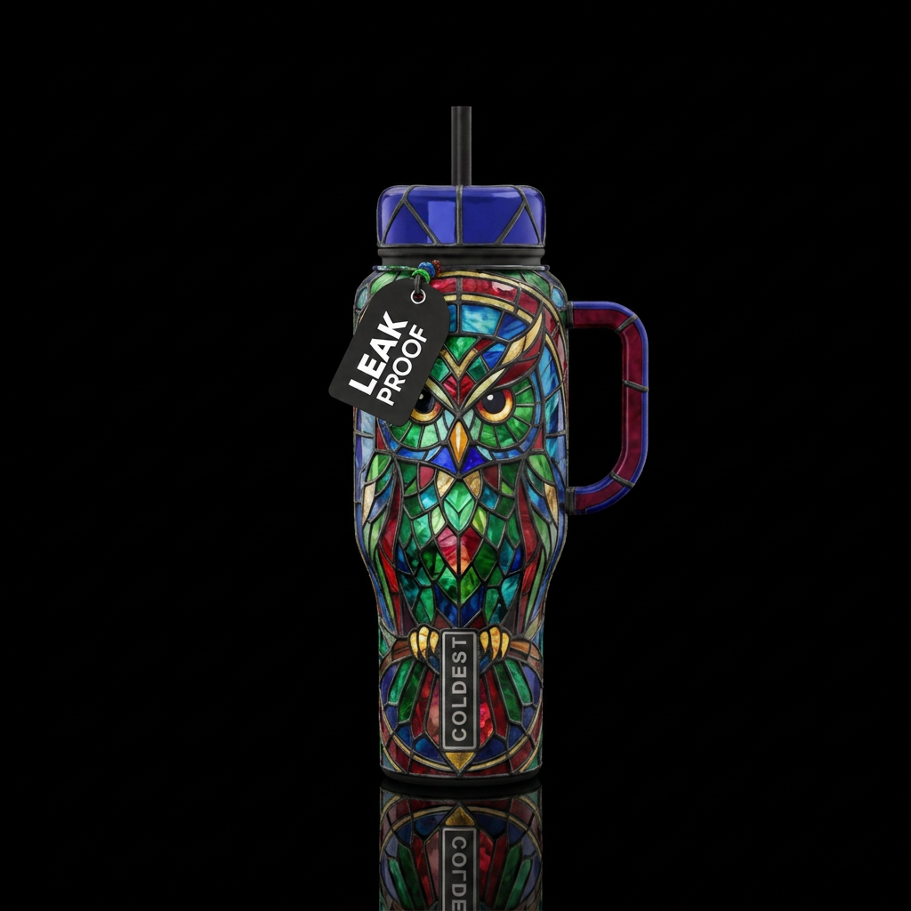 owl, stained glass, colorful water bottle design