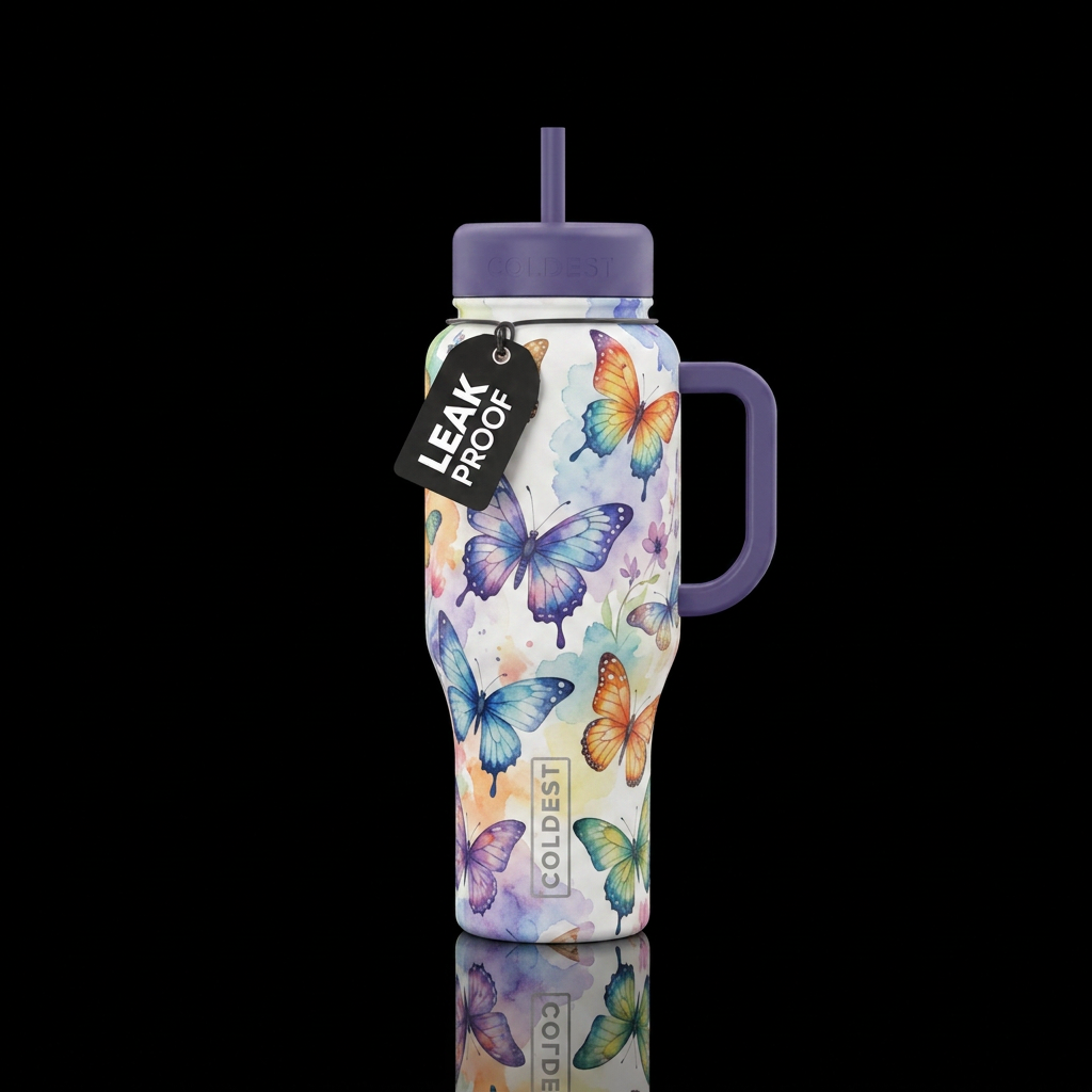 butterfly, whimsical, watercolor water bottle design