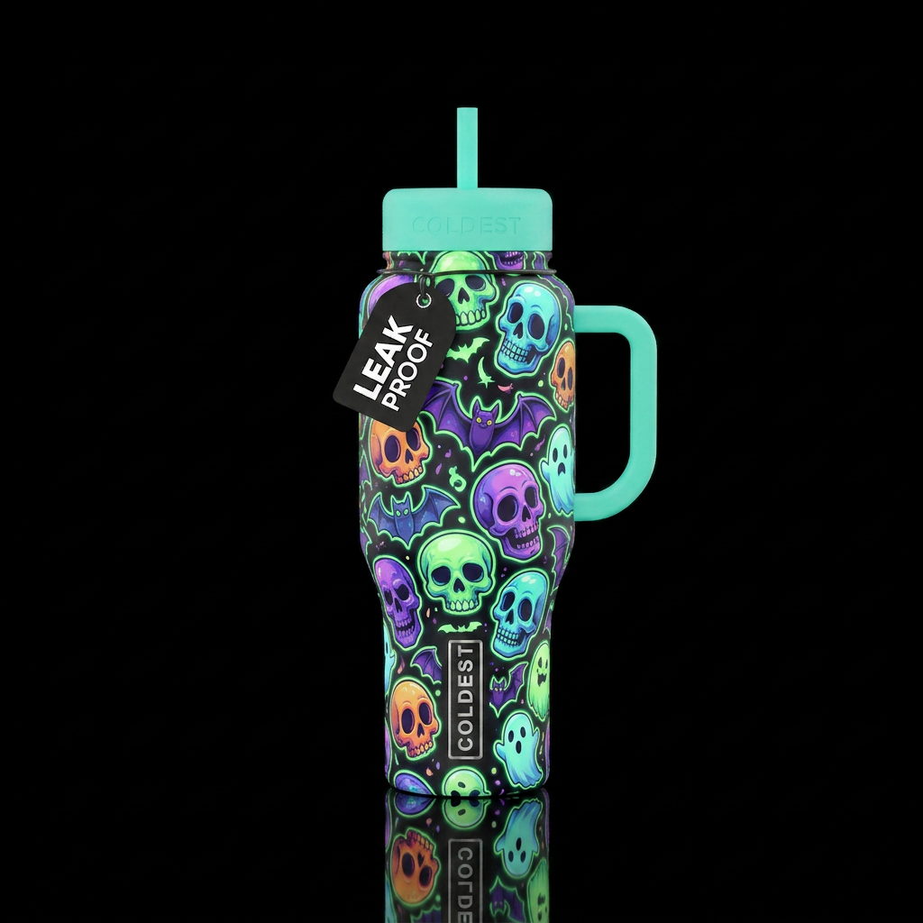 glowie,skulls,bats, ghosts water bottle design