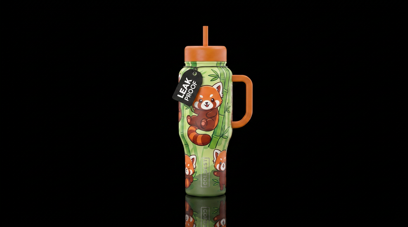 red panda,cartoon, cute. bamboo water bottle design