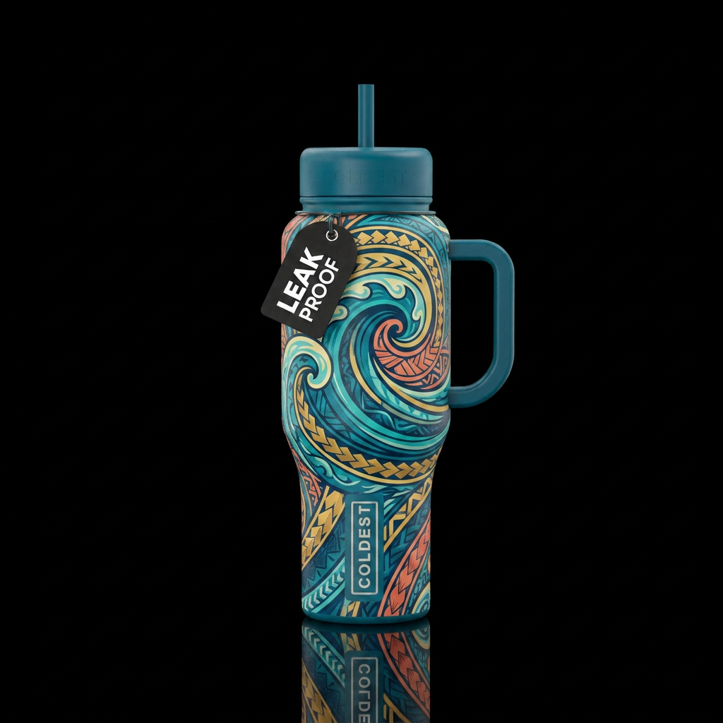 polynesian, waves water bottle design