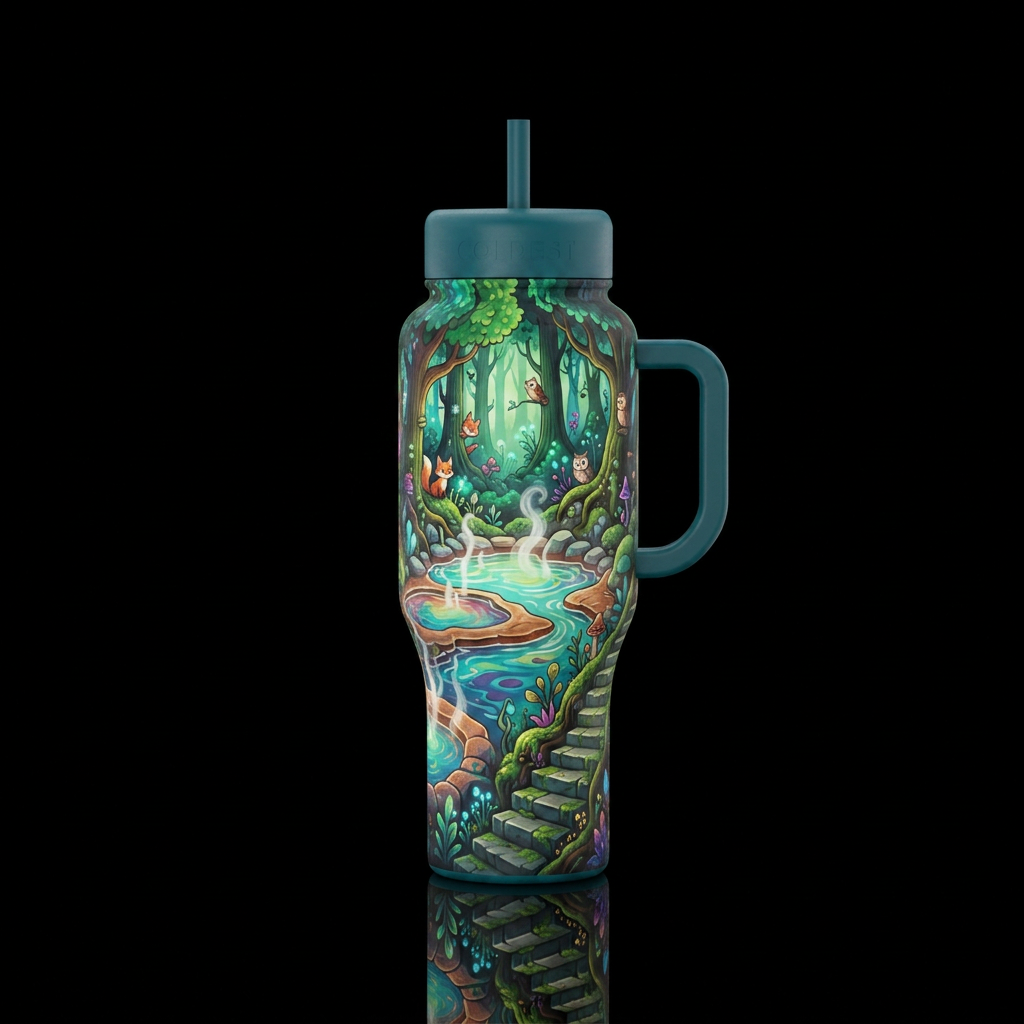 hot springs. forest,, whimsical water bottle design