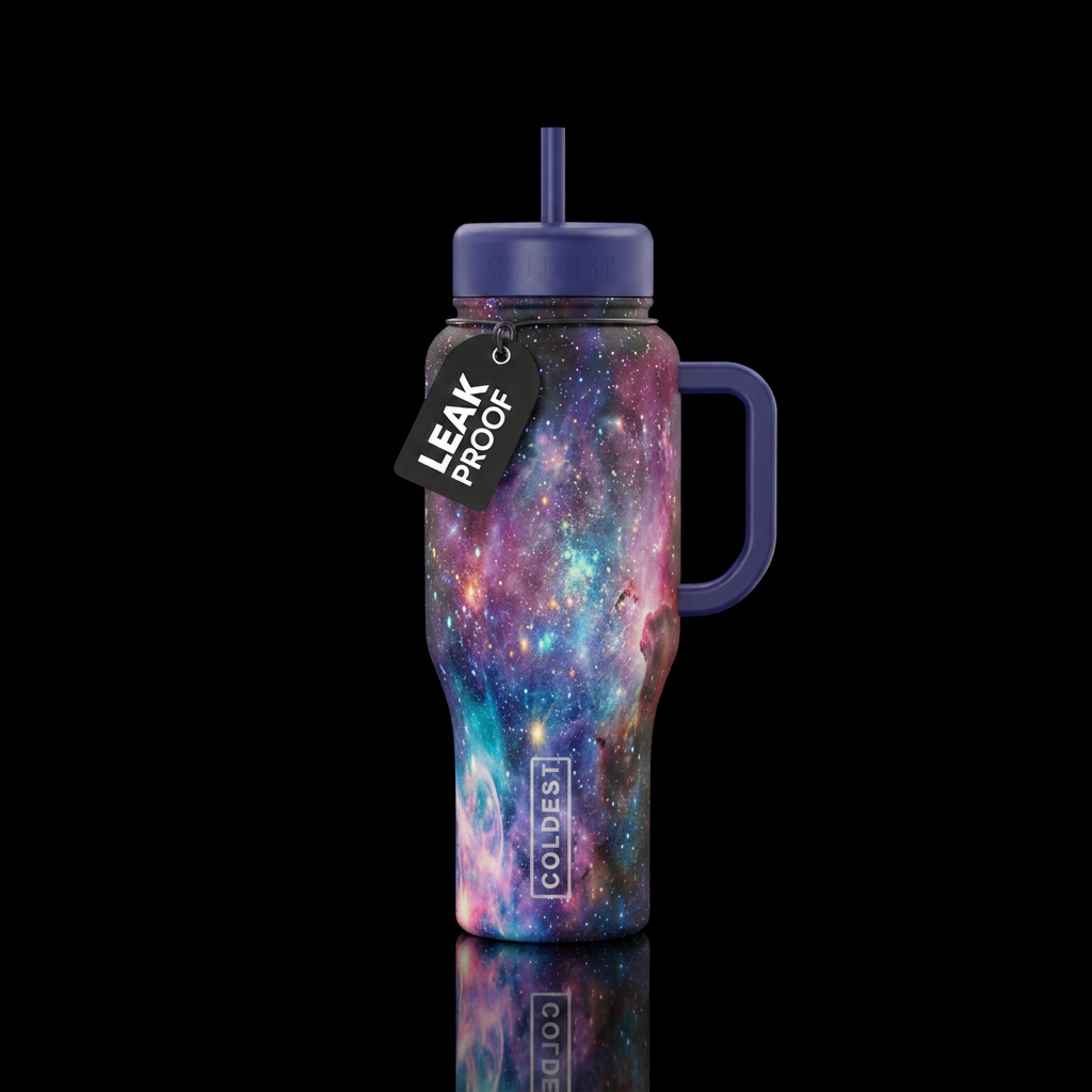 nebula, beautiul, vibrant water bottle design