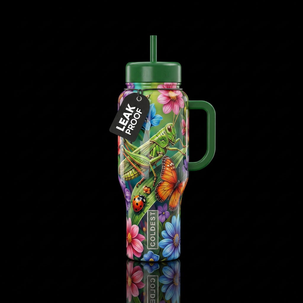 grasshopper. flowers, lady bug, butterfly water bottle design