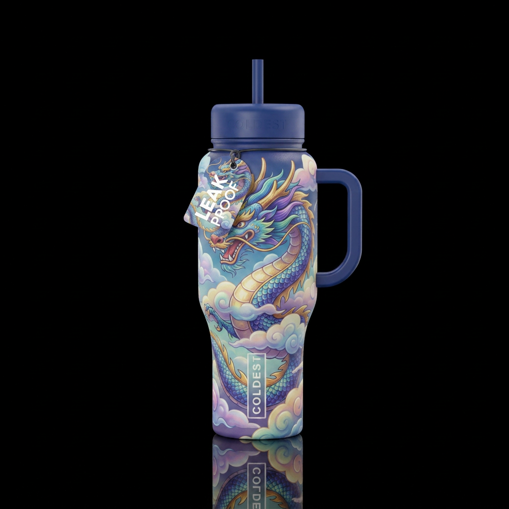 clouds, whimsical, dragon water bottle design