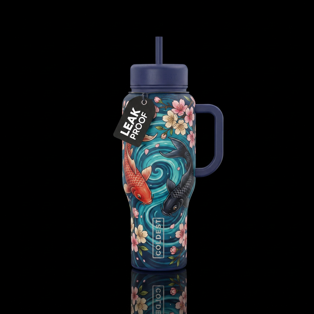 cherry blossom, koi fish, japanese water bottle design