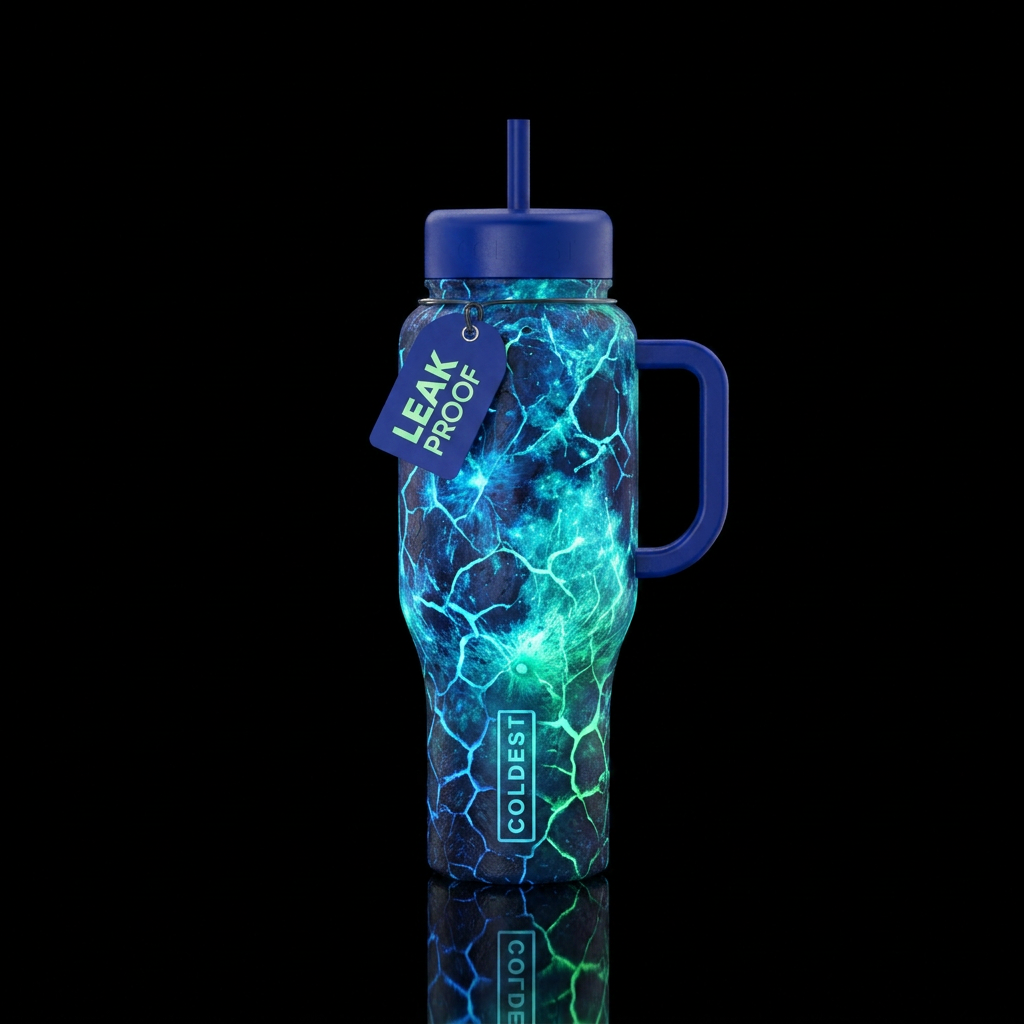cracked, glowie. blue, green, luna water bottle design