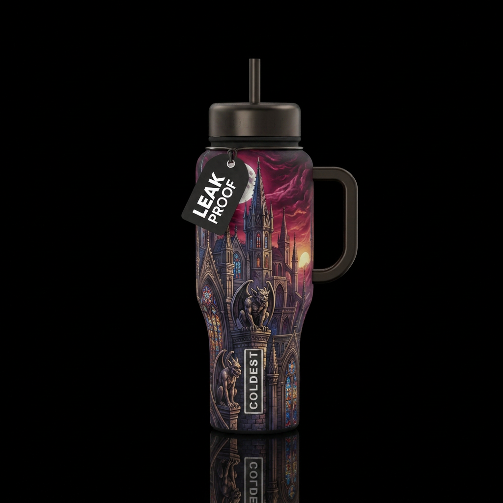 gothic, castle, gargoyles water bottle design
