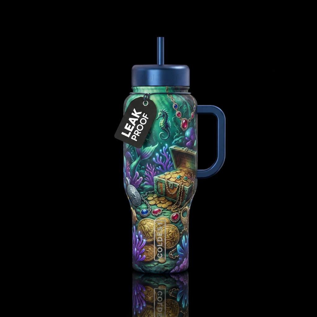 sunken treasure, vibrant, fantasy water bottle design