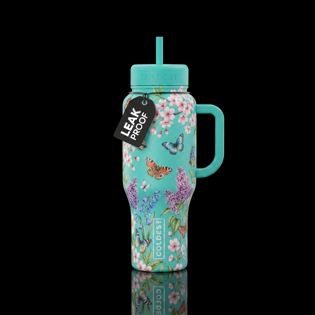 spring bloom, whimsical, butterfly water bottle design