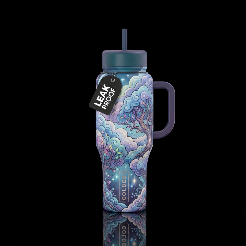 clouds, trees, whimsical, magical water bottle design