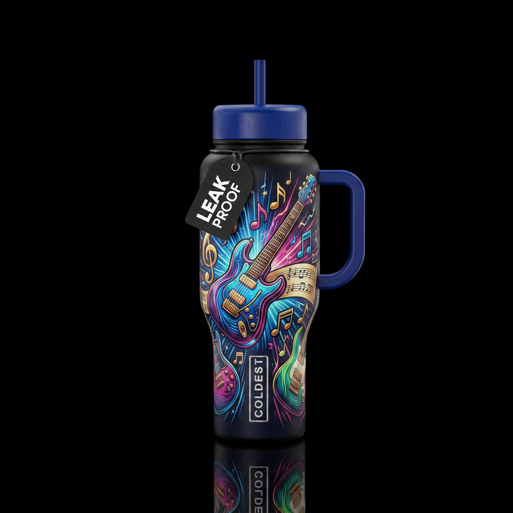 guitar, music, vibrant water bottle design