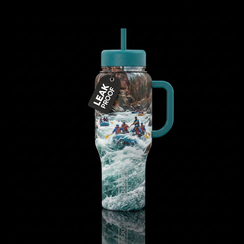 adventurous, water rafting, rapids water bottle design