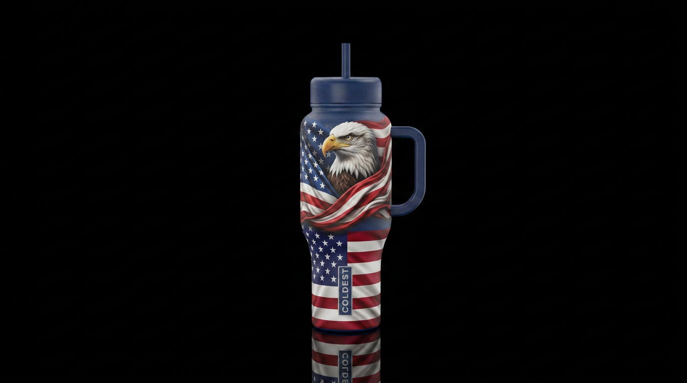 bald eagle, american flag. patriotic water bottle design
