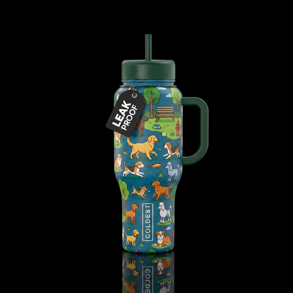 dog park. cartoon. water bottle design