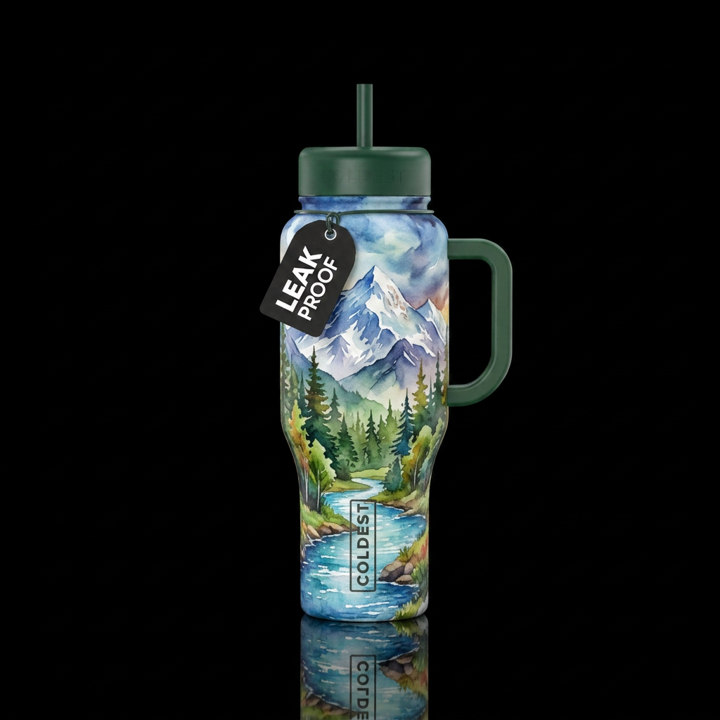 mountains, snow capped. forest. watercolor, river water bottle design