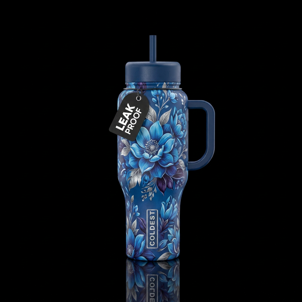 blue, moonlight floral water bottle design