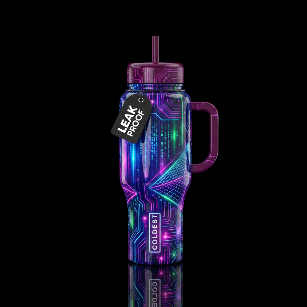 trance, cyberpunk, vibrant water bottle design