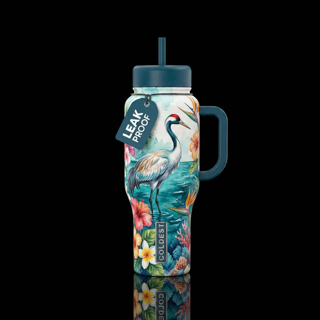 crane, tropical flowers, watercolor, ocean water bottle design