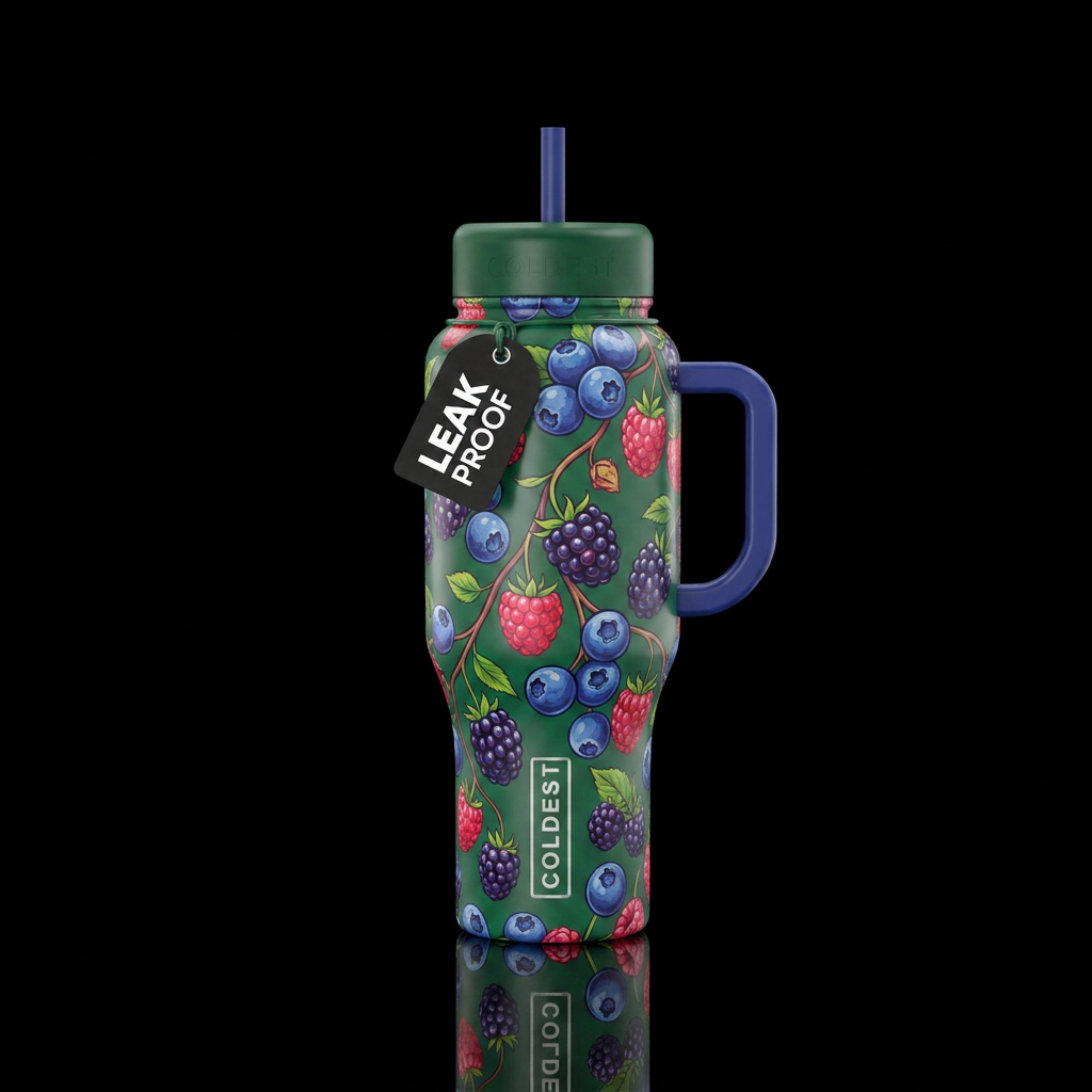 berries, vines, colorful water bottle design