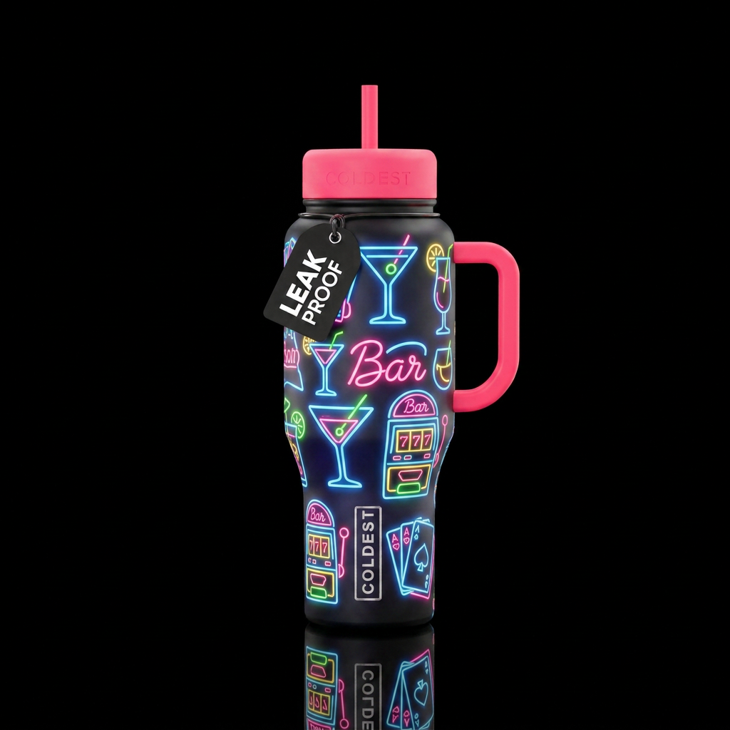 neon lights, shot machines, deck of cards water bottle design