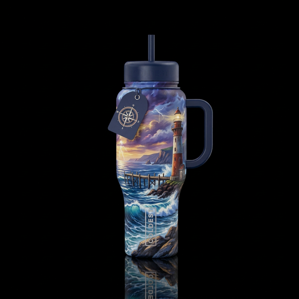 ocean, clouds. lighthouse, pier, lighting water bottle design