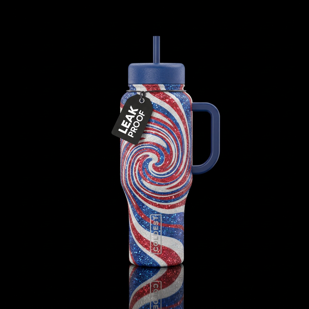 red white and blue, swirls, glitter water bottle design