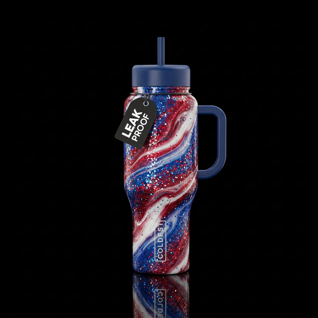 red white and blue, swirls, glitter water bottle design