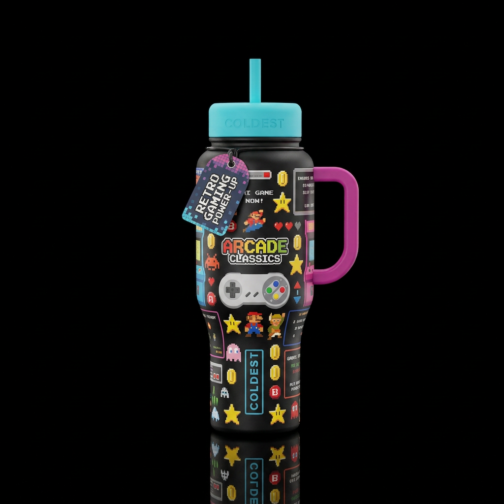 retro gaming water bottle design