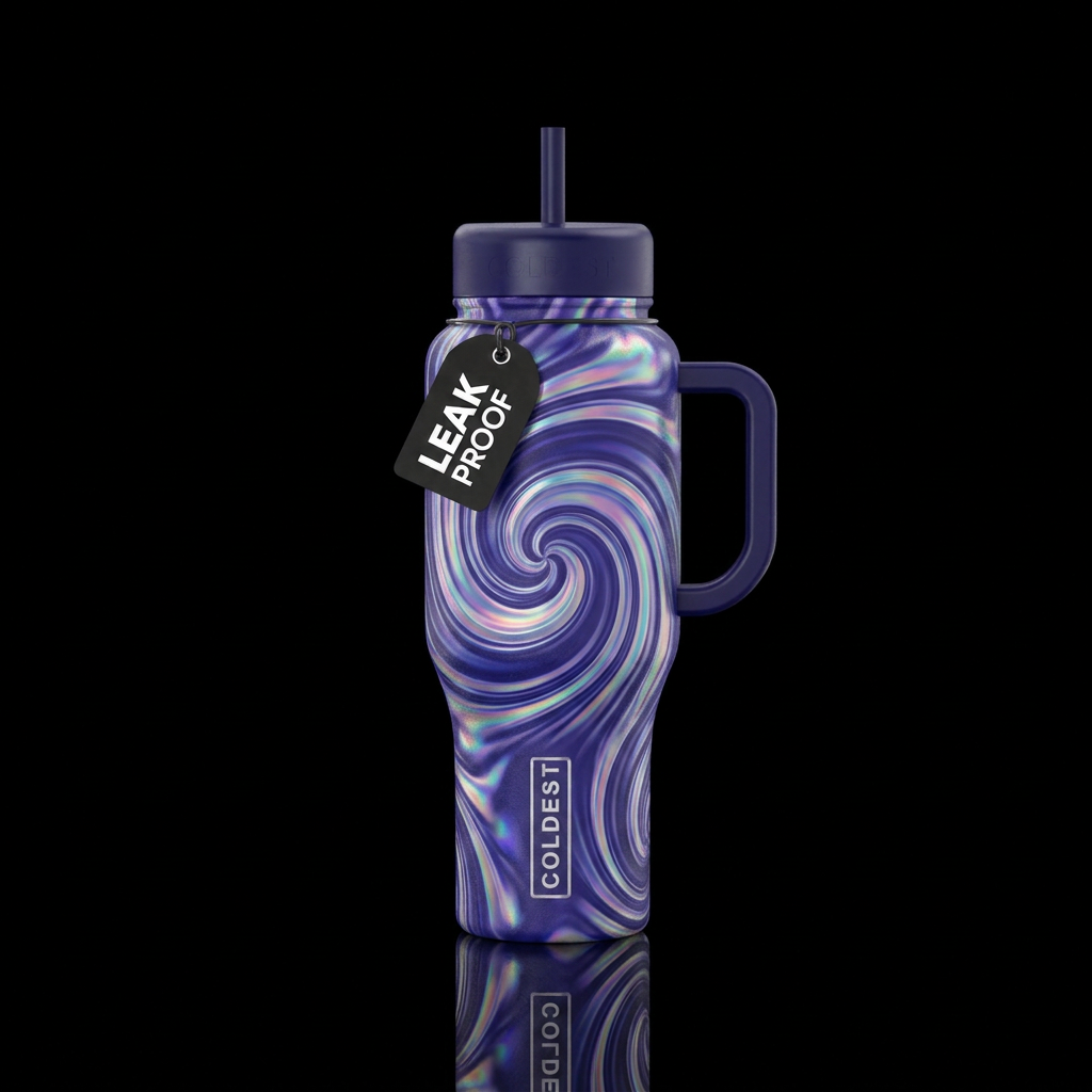 indigo, vibrant, swirls, irridescent, spirals water bottle design