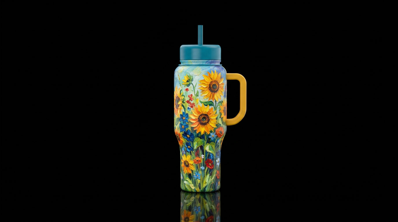 sunflower, oil painted, whimsical water bottle design