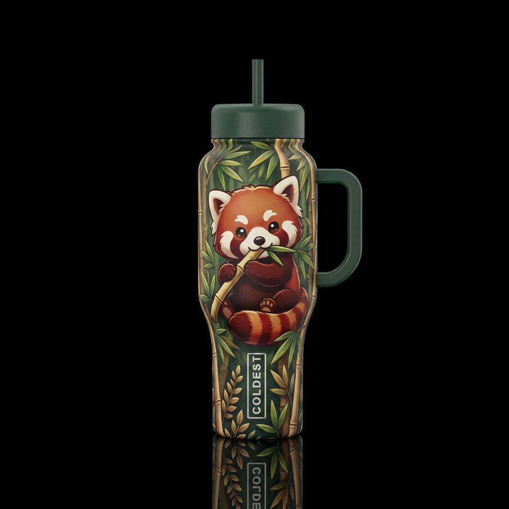 red panda, cartoon, bamboo water bottle design
