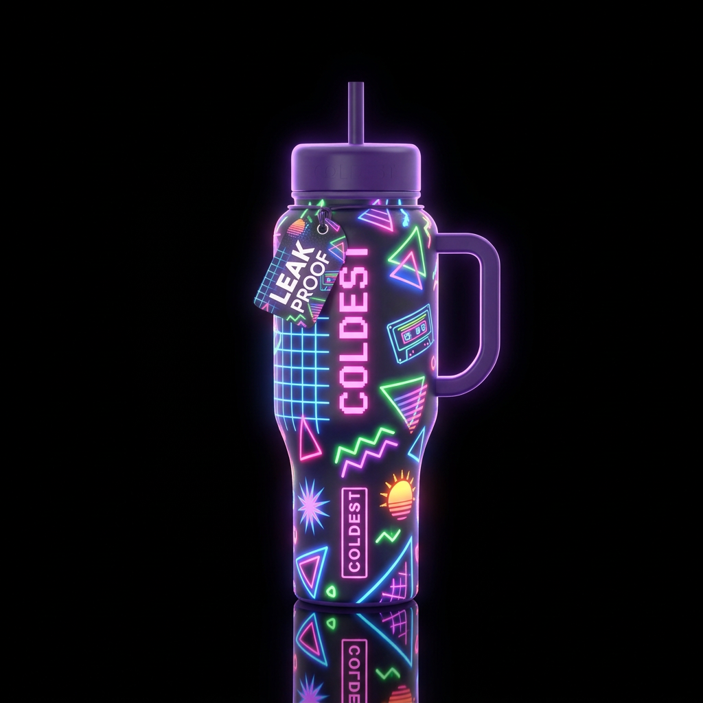 retro 80s, glowie water bottle design