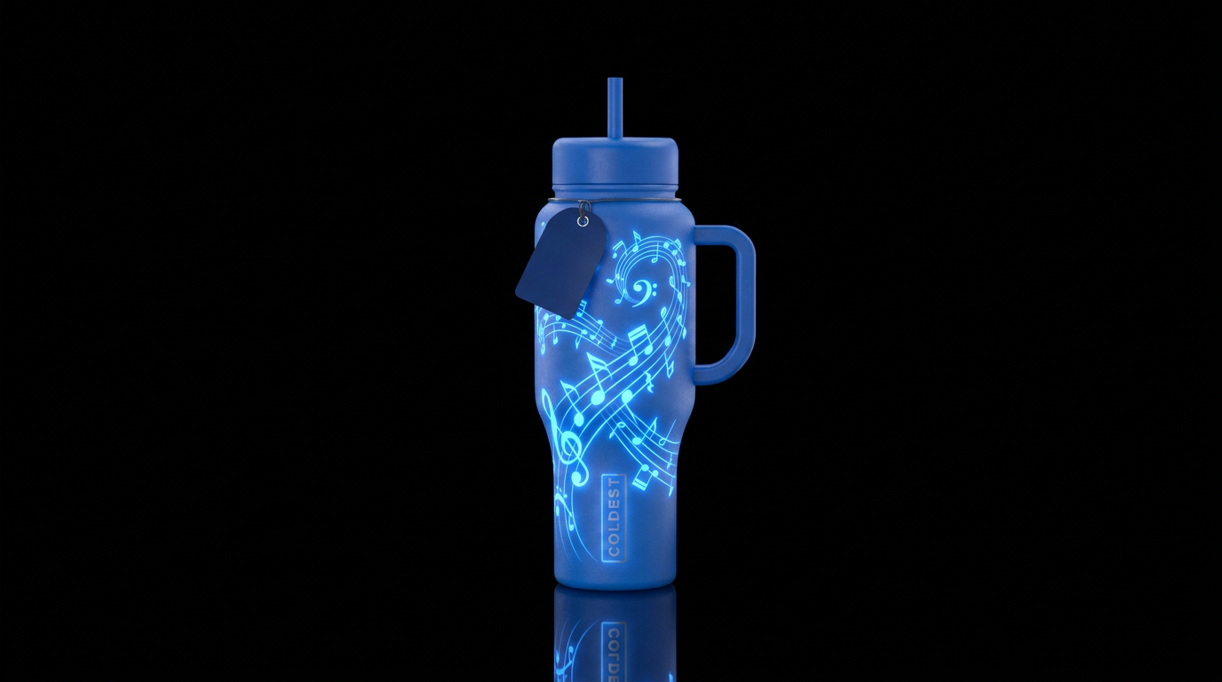 music notes, glowie. blue bottle water bottle design