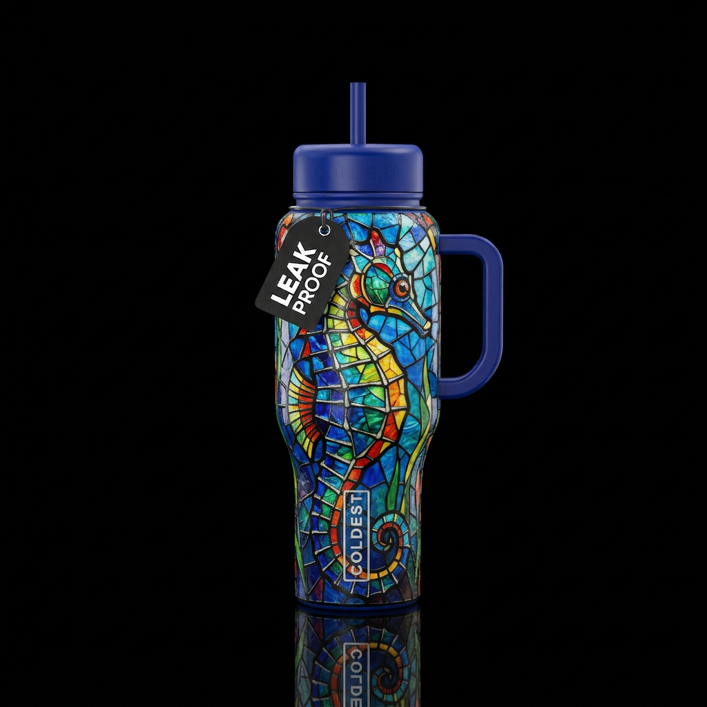 seahorse, artistic, stained glass water bottle design