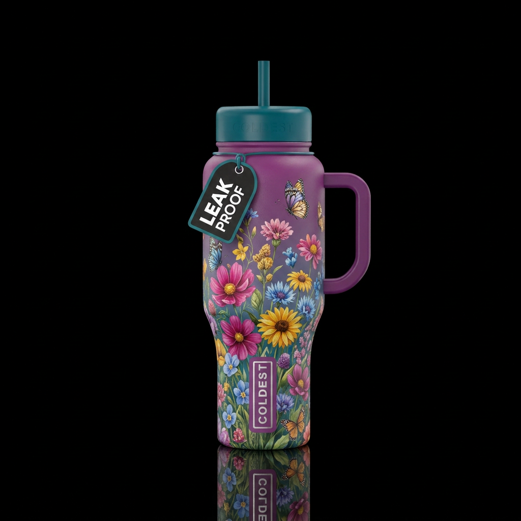 wildflowers, butterfly, beautiul, vibrant water bottle design