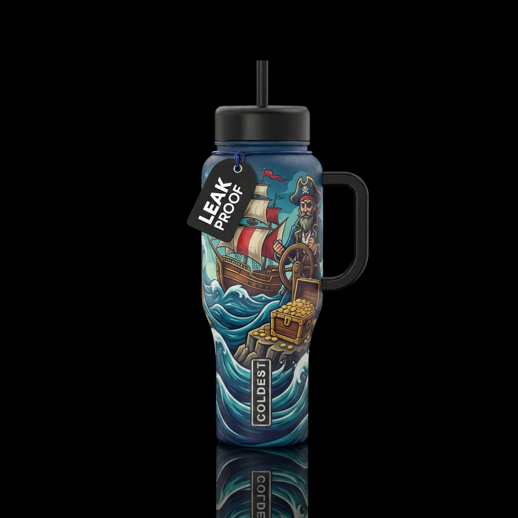 pirate, ship, treasure chest, waves water bottle design