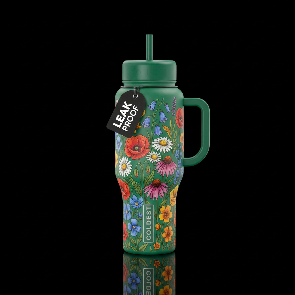 hand drawn, wild flowers water bottle design