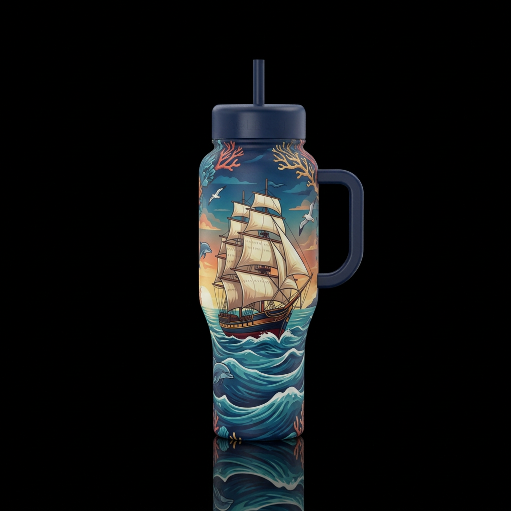 nautical, ocean, ship water bottle design