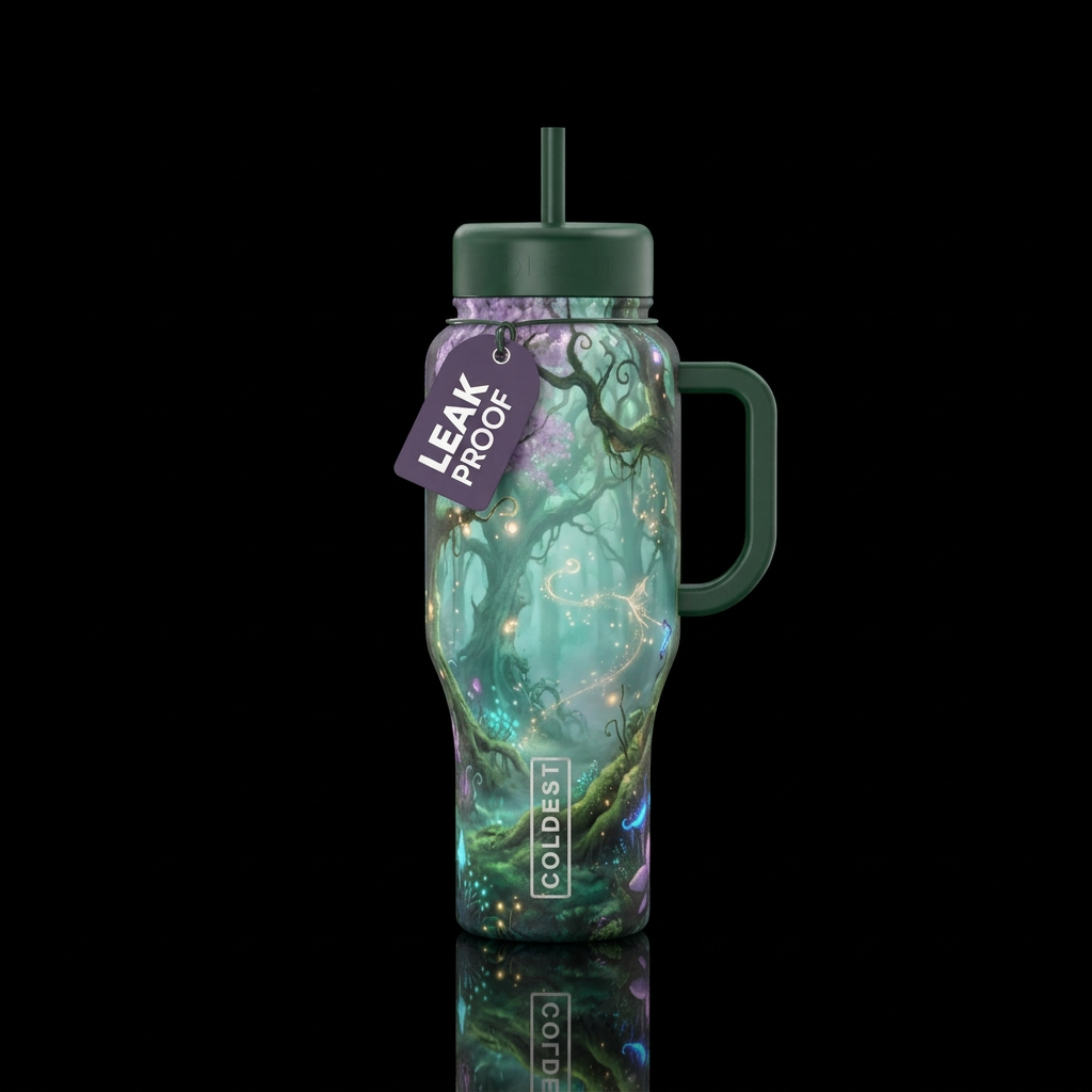 misty forest, magical, whimsical water bottle design