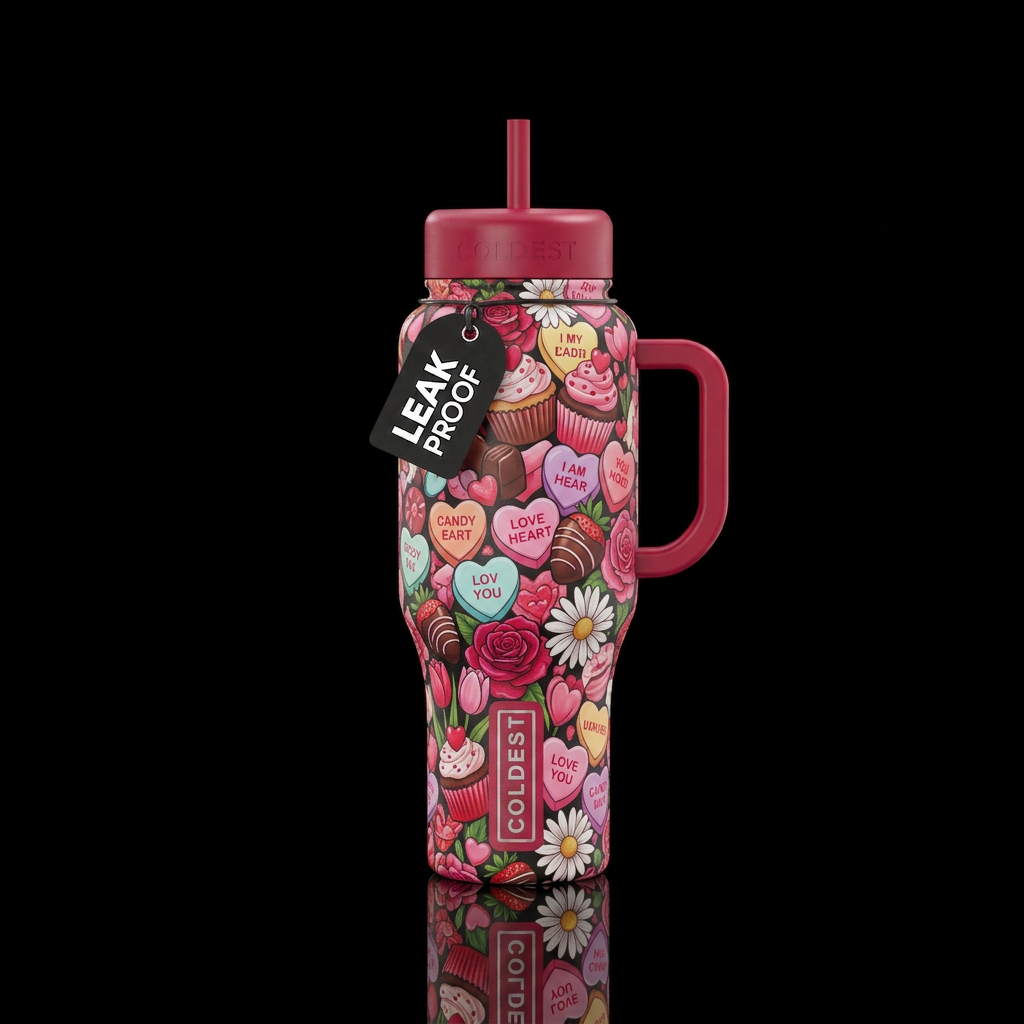 valentine's day, cute, candy, flowers water bottle design