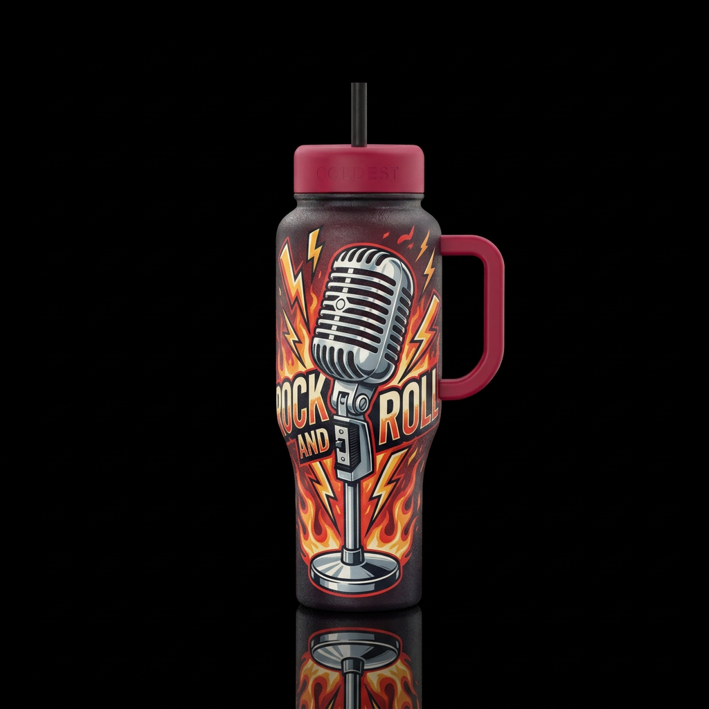 microphone, rock and roll water bottle design