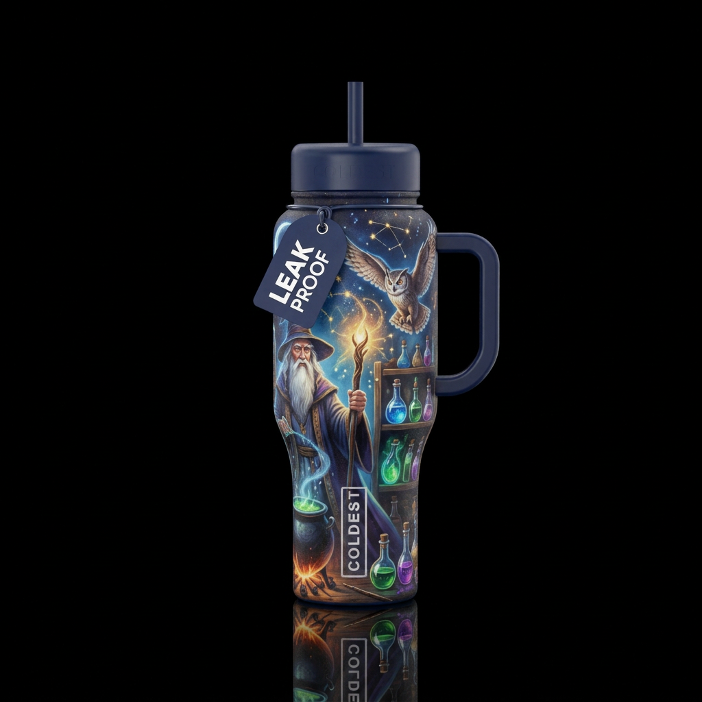 wizard, magic, owl, potions water bottle design