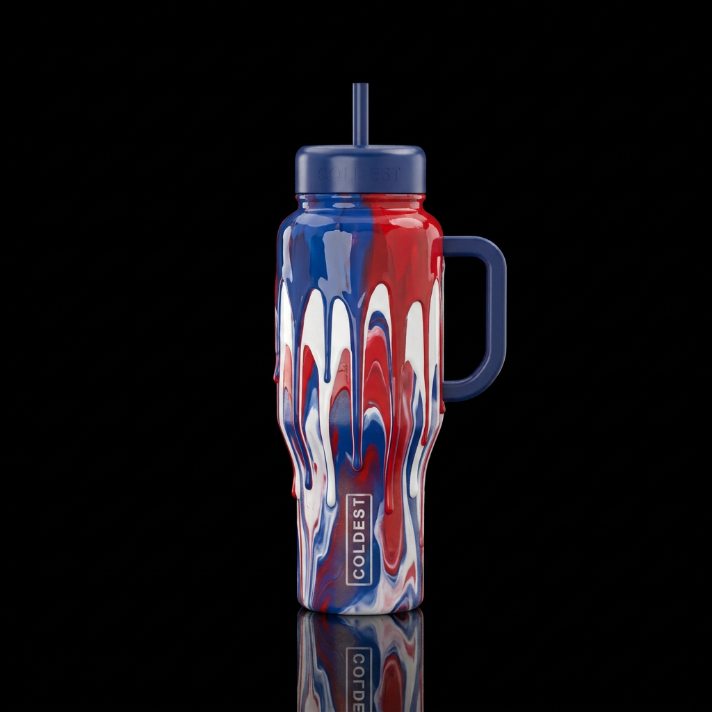dripping, red, white, blue water bottle design