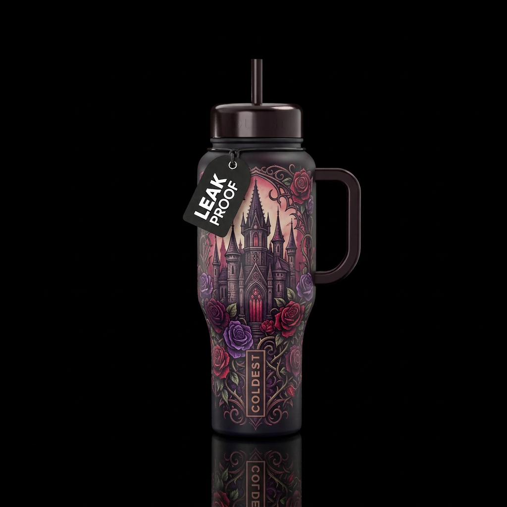 gothic, castle, ancient, roses water bottle design