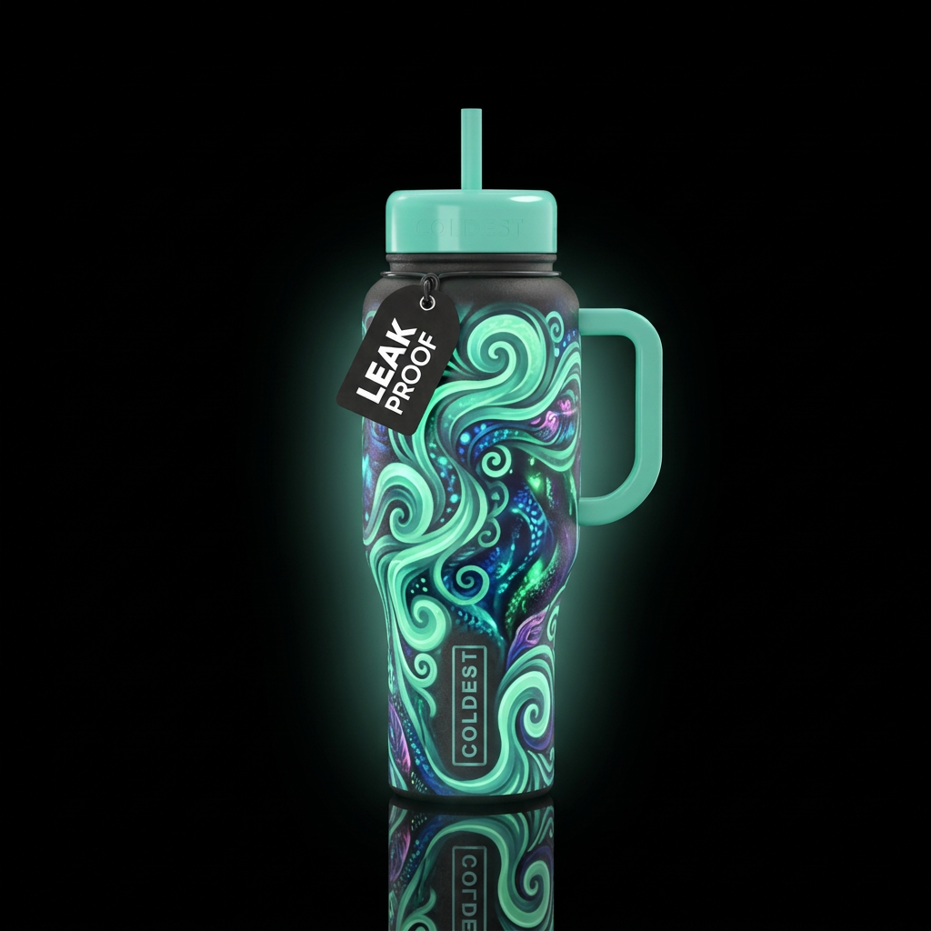 seafoam, swirls, glowie water bottle design