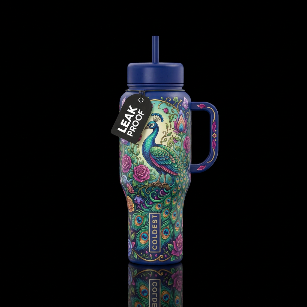 peacock, rose garden, whimsical water bottle design