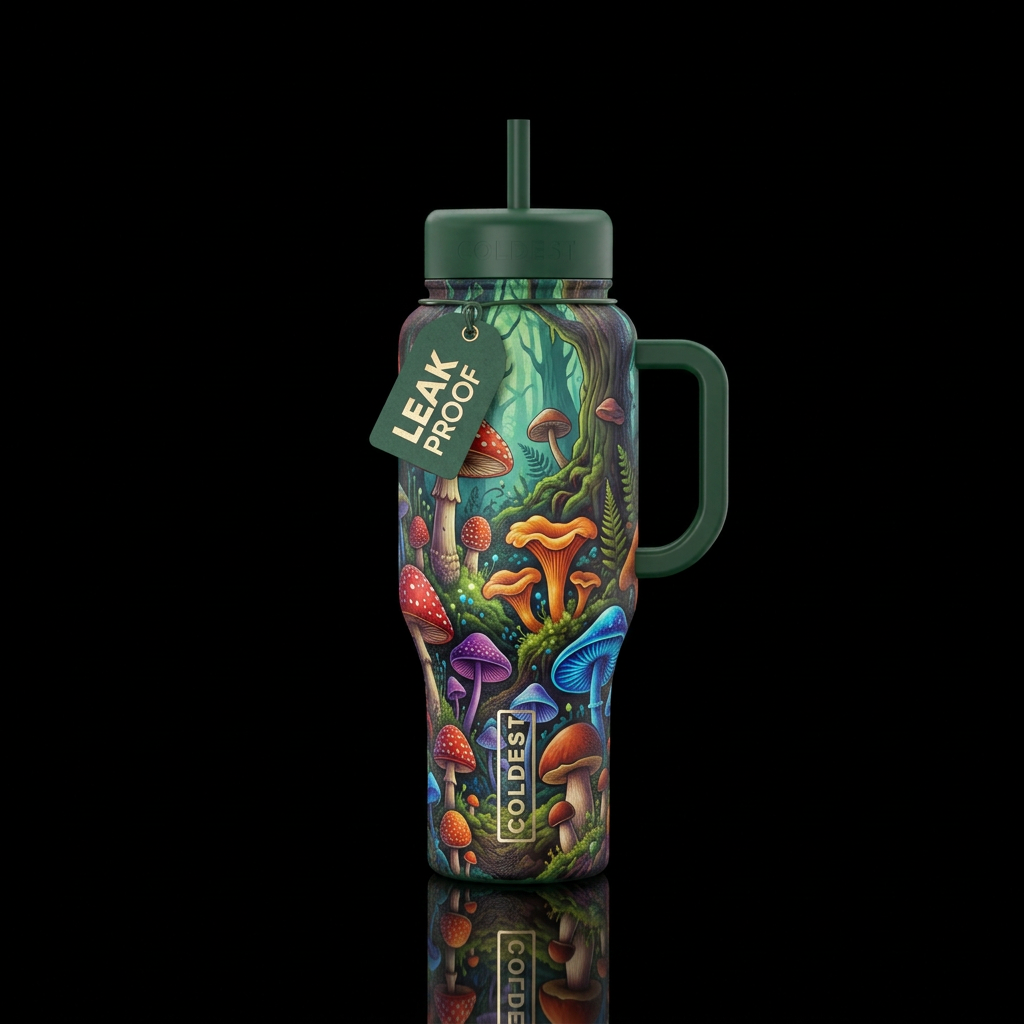 mushroom forest water bottle design