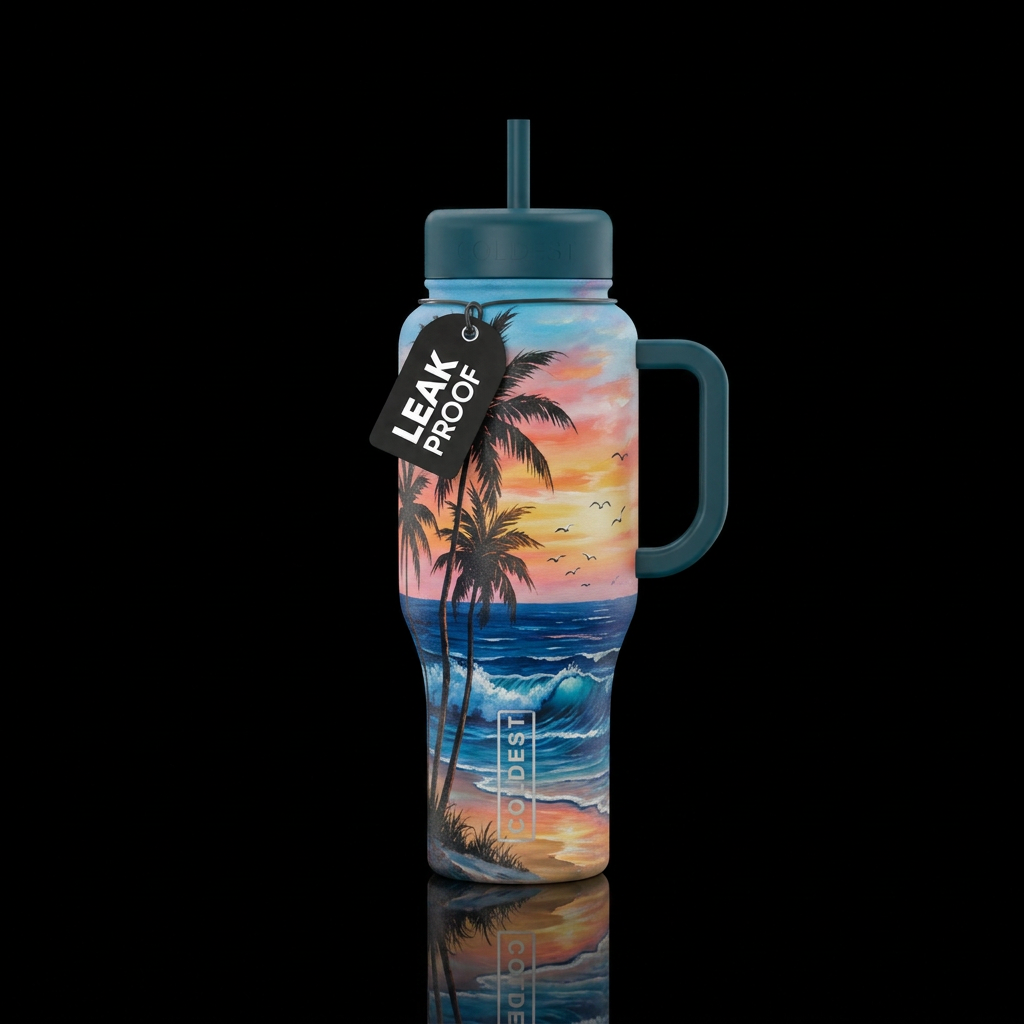 palm trees, ocean, seagulls, paintings water bottle design